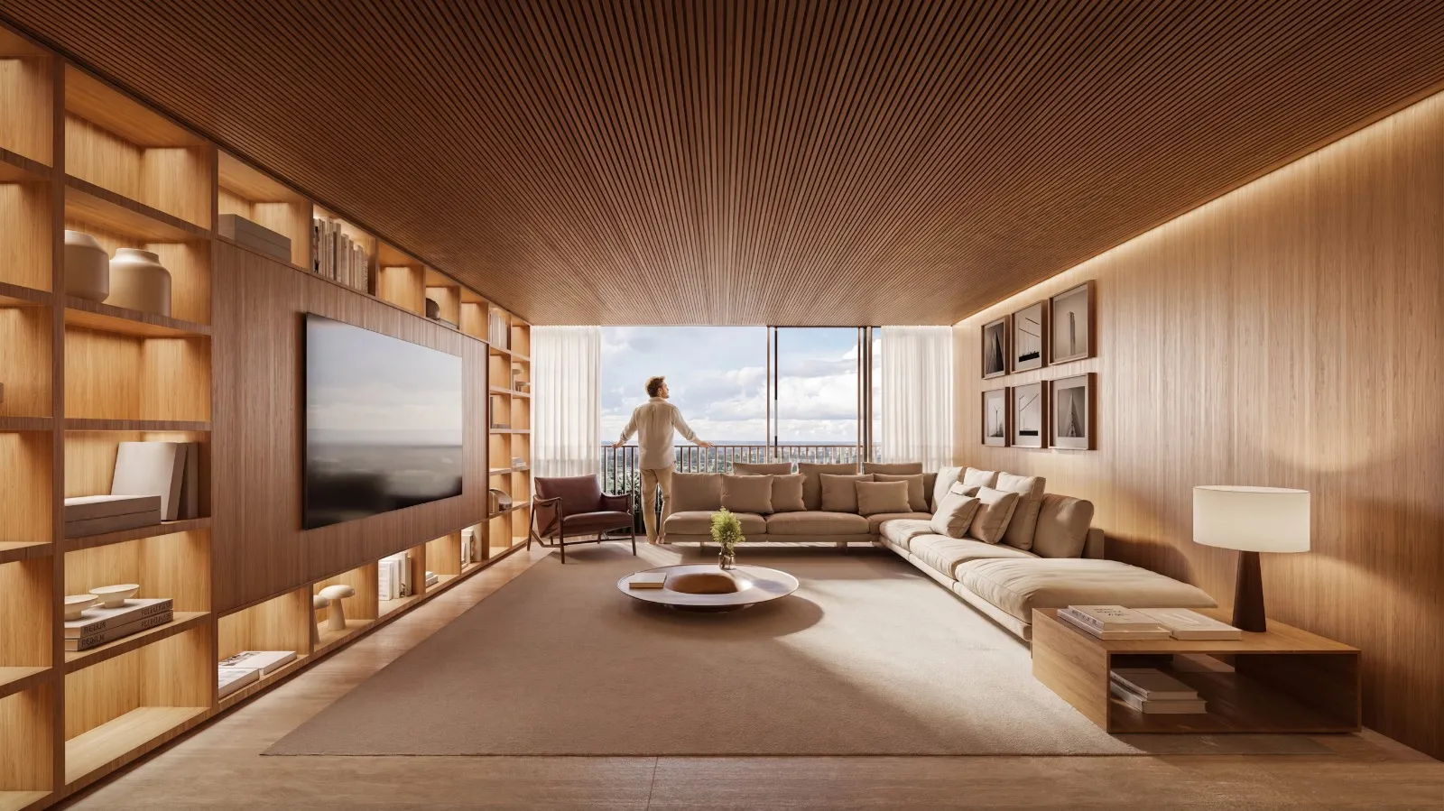 Sala ampla em madeira com vista aberta